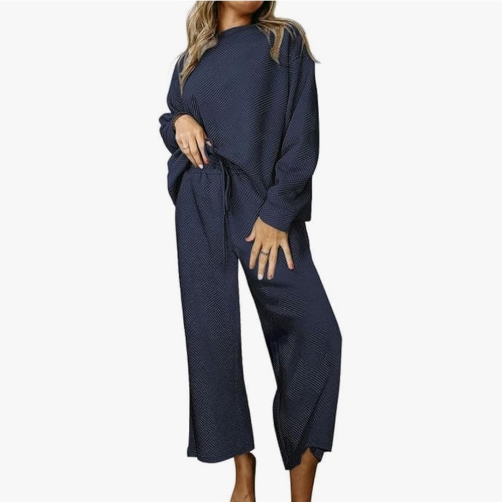 2-piece sweatsuit casual pullover top drawstring wide leg pants lounge set